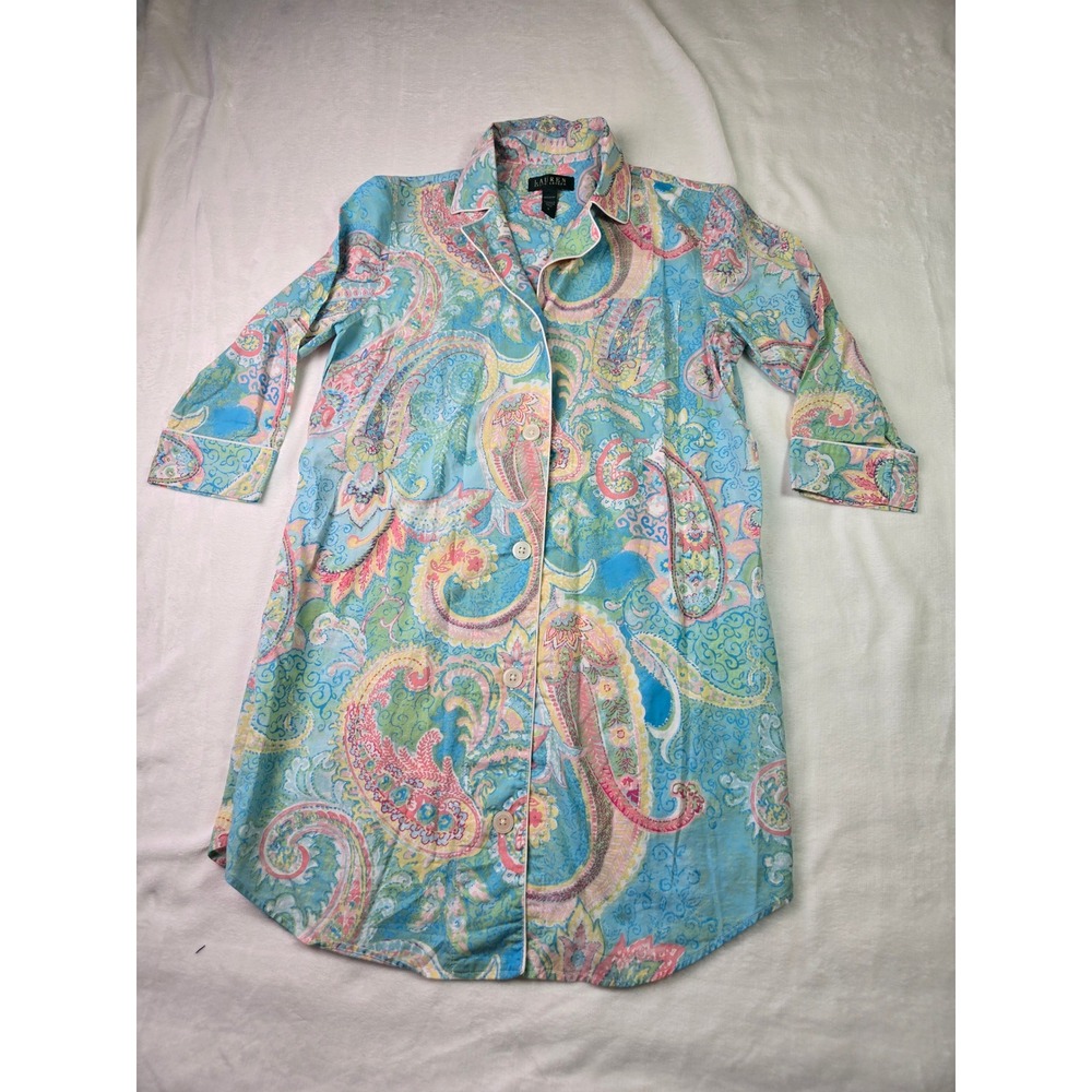 Lauren Ralph Lauren Womens Blue Paisley Cotton Sleep Shirt Nightgown Small
